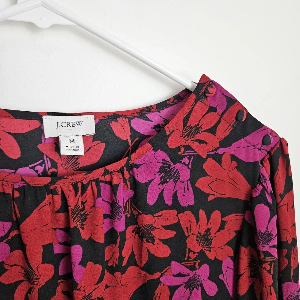 J.Crew Factory Floral Blouse Size M Printed Button-Neck Top Ruffle Sleeves BD266